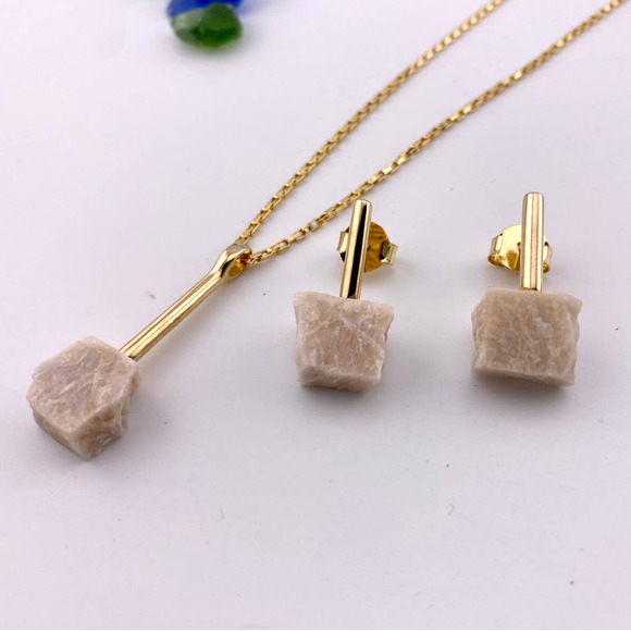 Jewelry - Natural Raw Beige Amazonite 18k Gold Plated Earring and Necklace Set